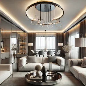 A sleek living room with a modern light fixture chandelier, including pendant lights and recessed lighting. The decor is modern with clean lines and n