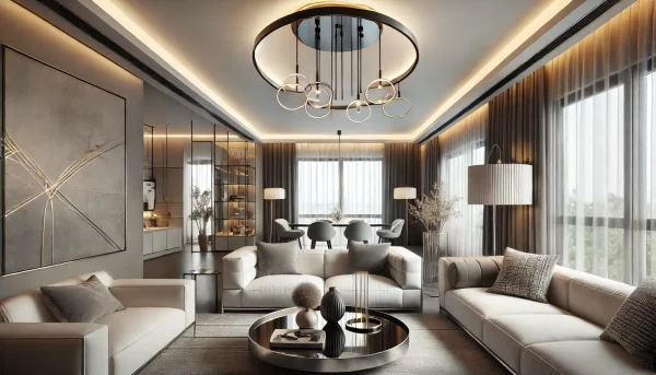 A sleek living room with a modern light fixture chandelier, including pendant lights and recessed lighting. The decor is modern with clean lines and n