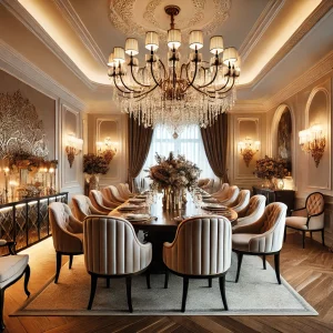 An elegant dining room with a beautiful chandelier and wall sconces. The decor is sophisticated with a mix of modern and classic elements, including a