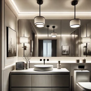 A modern bathroom with sleek light fixtures, including a stylish ceiling light and vanity lamps. The decor is contemporary with clean lines and a mono