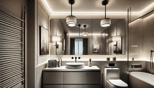 A modern bathroom with sleek light fixtures, including a stylish ceiling light and vanity lamps. The decor is contemporary with clean lines and a mono